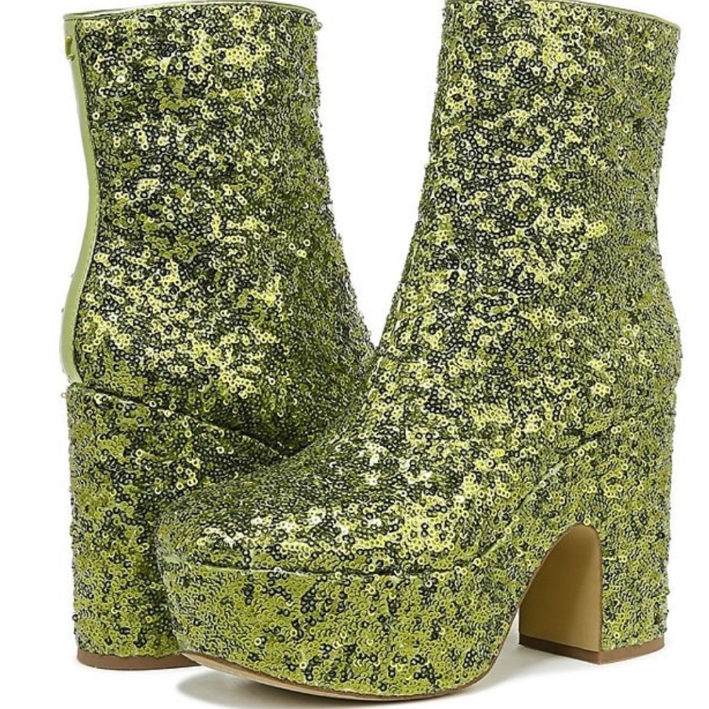 NWOB $130 Sam Edelman Green Circus NY Platinum Sequin Platform Boots
